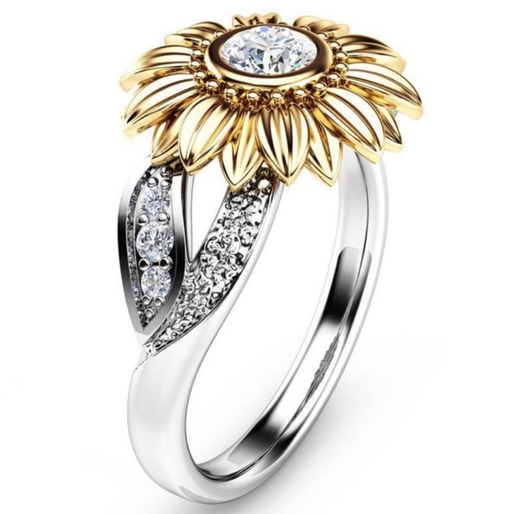 NEW💍18K YELLOW&WHITE GOLD DIAMOND SUNFLOWER RING, CUTE RING, SHINY RING.